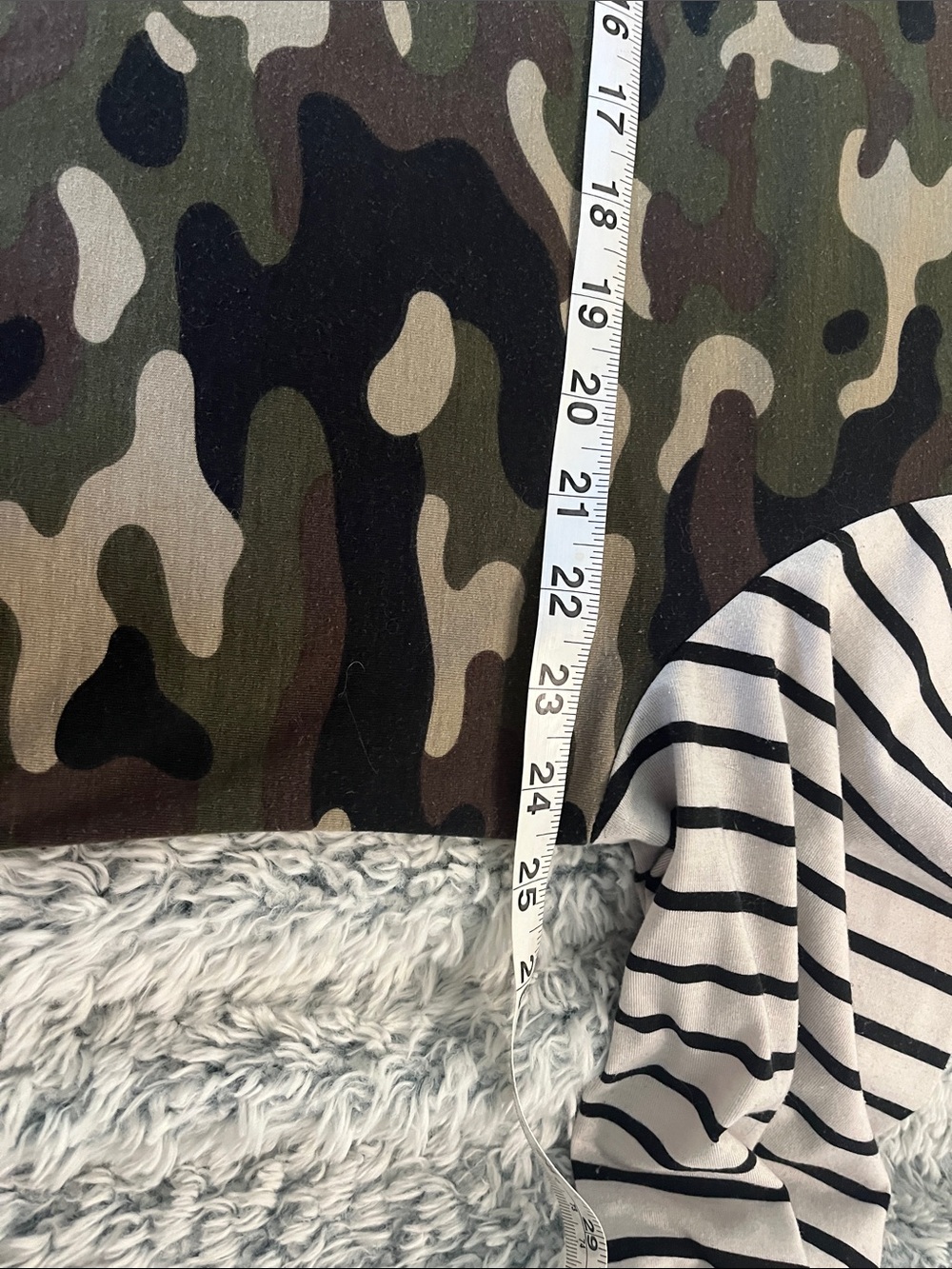 LuLaRoe Camouflage Tunic with Black-and-White Striped Sleeves - Picture 4 of 5